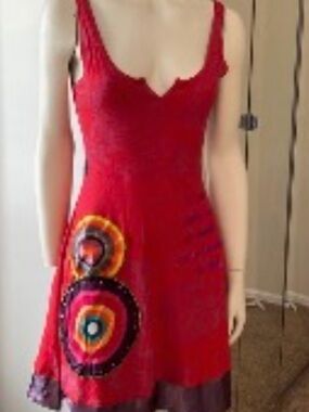 Red Sleeveless A-Line Dress with Colorful Circular Appliqué